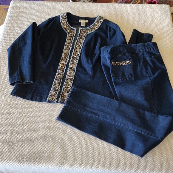 Draper’s and Damon’s Cotton & Spandex Denim Pants Suit Sparkles Beading - Picture 3 of 16